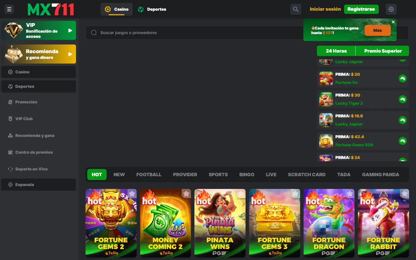Interfaz de MX711 con accesos de cuenta y categorías de juegos