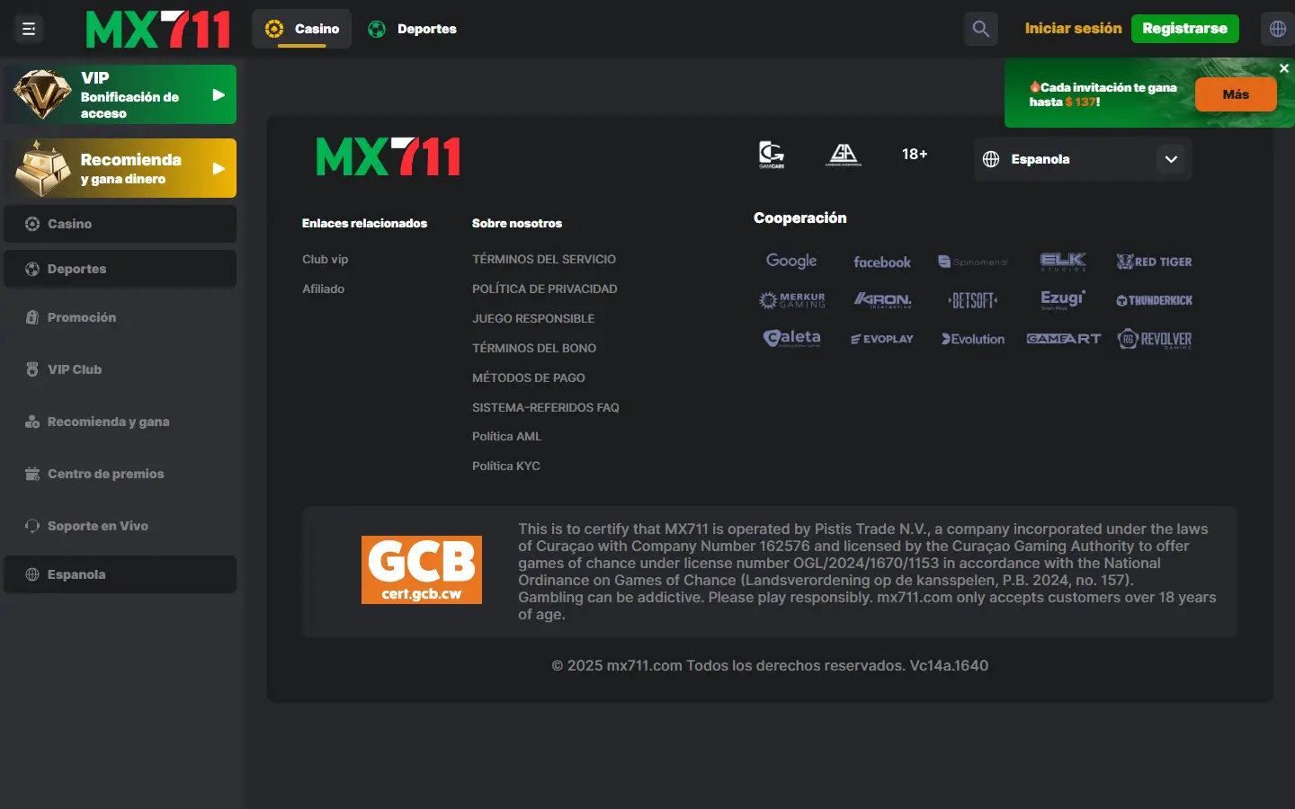 Sección de enlaces a políticas y términos en la interfaz de MX711
