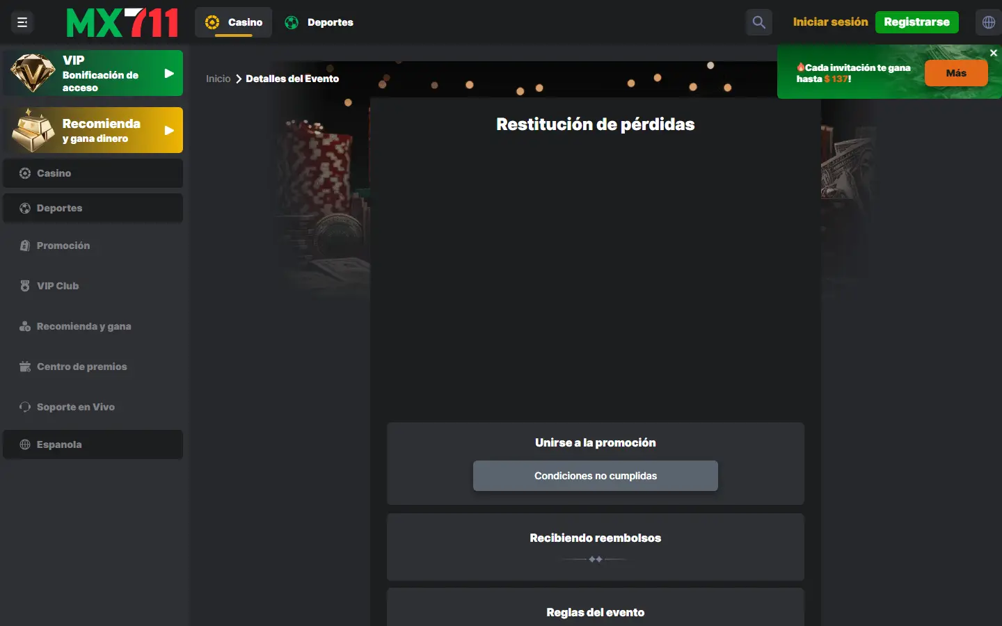 Interfaz de MX711 con información y condiciones de una actividad